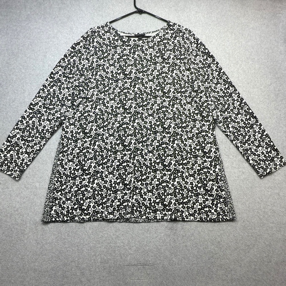 J Jill Wearever Shirt Womens Large Black Floral Tie Back Long Sleeve Tunic Top